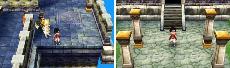 If you happen to fall off the tower (left), then you&rsquo;ll end up back at the main entrance (right).