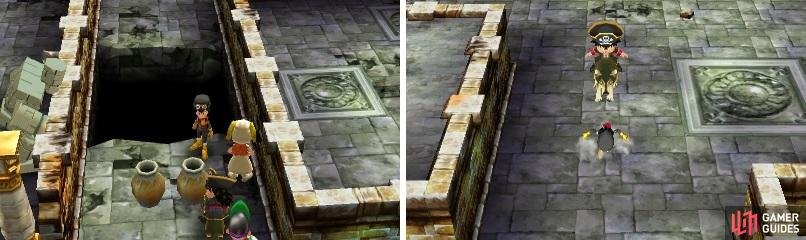 Listen to Goobris&rsquo; warning about the floor being weak, as walking on it will create a hole (left) and send you to the floor below (right).