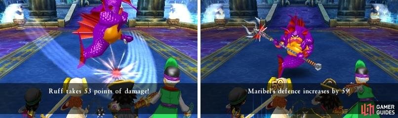 Gracos V&rsquo;s normal attack is welcome in this battle (left), as it leaves you ample opportunities to do things other than healing (right).