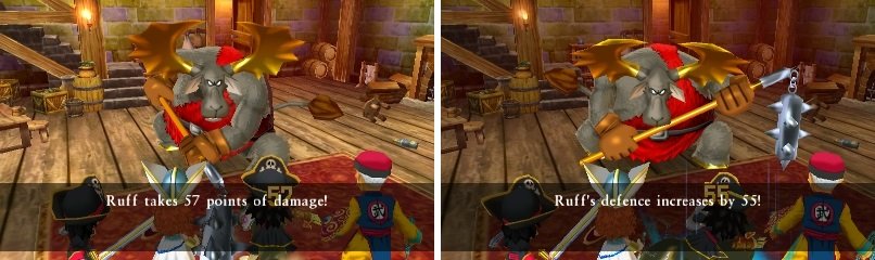 Moostapha&rsquo;s attacks are all physical (left), so make sure you use Buff/Kabuff to boost your defenses (right).