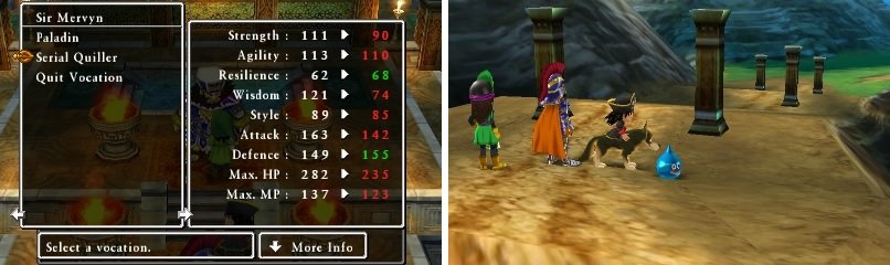 With the heart in a character&rsquo;s inventory, you will be able to change into that vocation at Alltrades (left). You take the appearance of the monster in the field and in battle (right).