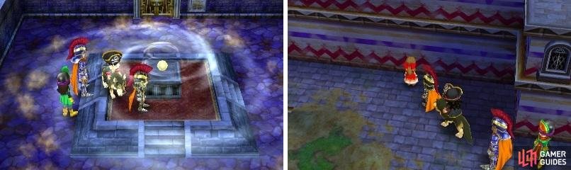 The Sacred Stone certainly makes a lot of wind for a small orb (left). Talk to Fidelia once she &ldquo;falls&rdquo; to the ground (right).