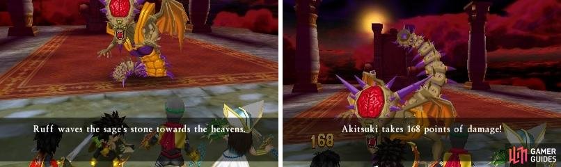 The Sage&rsquo;s Stone is a great item for healing (left). The tail attack in the second form hurts a lot (right).