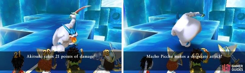 Sword Dance hits four random targets (left). Macho Picchu&rsquo;s desperation attack can deal huge damage if you don&rsquo;t defend (right).