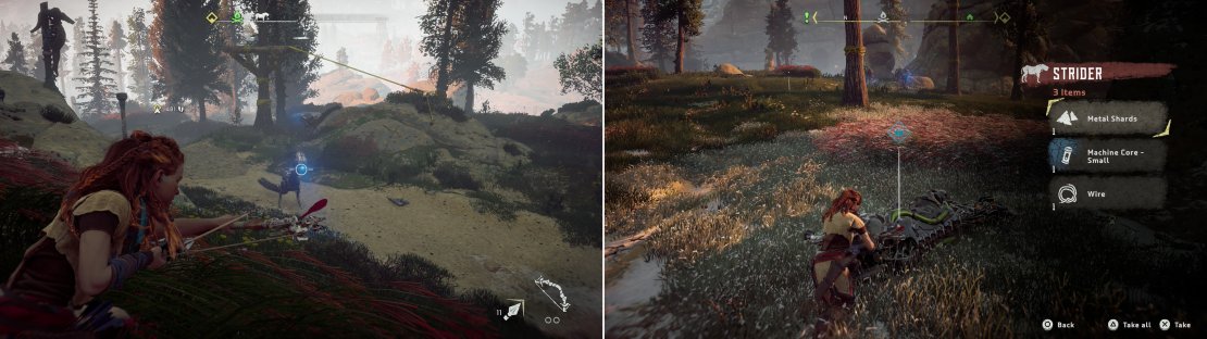 Aim for a Watcher&rsquo;s eye to disable it in one shot (left). Loot fallen machines to acquire the resources you need to craft Fire Arrows (right).