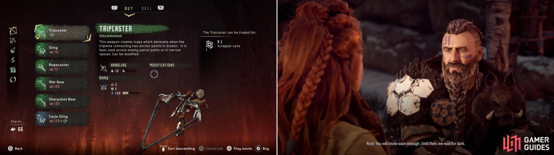 Make sure to pick up the Tripcaster from Karst (left), and when you&rsquo;re ready to move on, go find Rost (right).