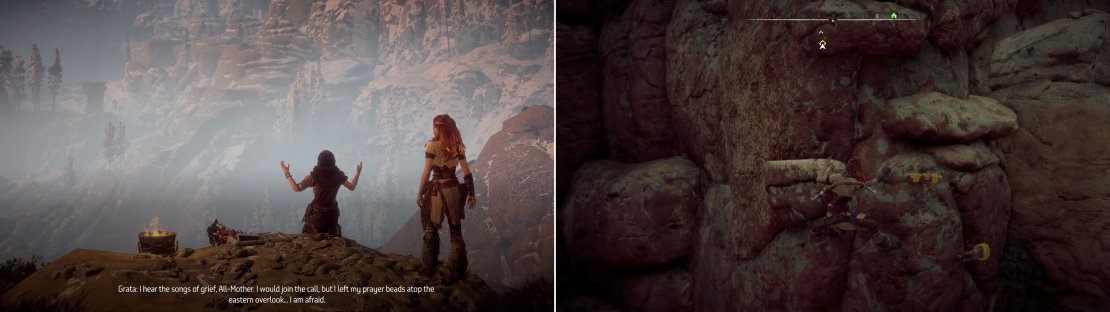 After you give Odd Grata some food she&rsquo;ll make another request (left). You&rsquo;ll have to use various hand holds to scale up a mountain to reach the eastern overlook (right).