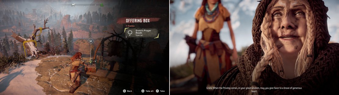 Find Grata&rsquo;s Prayer Beads in an Offering Box on the overlook (left), then return to Odd Grata to recieve her gratitude&hellip; kind of (right).