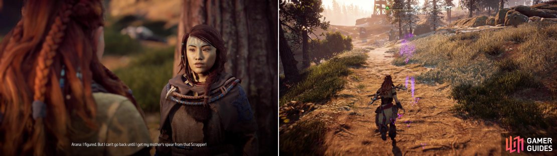 Like father like daughter, Arana will impose another objective on you after she&rsquo;s rescue (left). Use your Focus to follow her tracks to locate the Scrapper she was hunting (right).