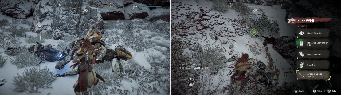Use stealth to sneak up to and disable the Scrappers (left) then loot one of them to recover Arana&rsquo;s Spear (right).
