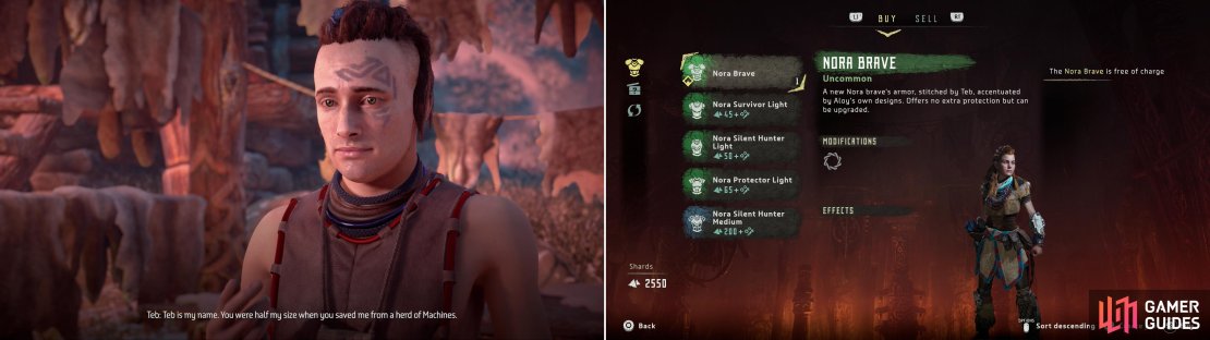 Reunite with Teb, the brave Aloy saved in her childhood (left) and he&rsquo;ll give you a hand-crafted outfit (right).
