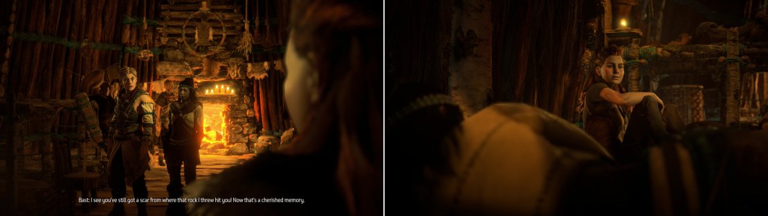 In the Hunter&rsquo;s Lodge you&rsquo;ll meet another, less friendly face from the past (left), after which chat with Vala before finally getting some sleep (right).