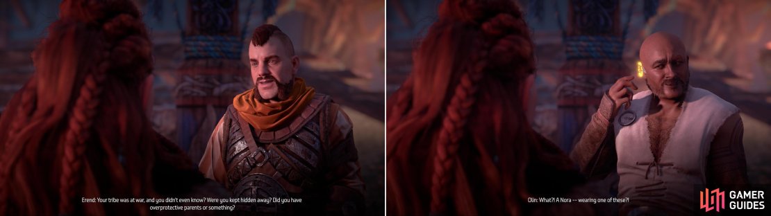 Chat with Erend and he&rsquo;ll drop a great deal of information on you (left), then question Olin about your shared technology (right).