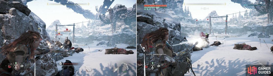 Perform headshots to take down the Cultist Leaders (left), then use the heavily-armed Cultist&rsquo;s weapon against his allies (right).