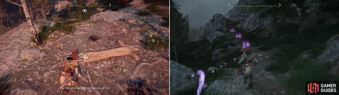 Investigate the War-Chief&rsquo;s camp (left) then use your Focus to track the missing Braves (right).