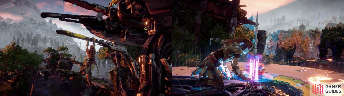 Use the Tallneck&rsquo;s antennae to reach its disc-like head (left) then override the massive machine to reveal a huge section of the map (right).