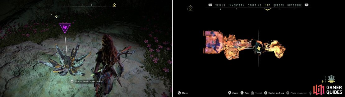 In some ancient ruins you&rsquo;ll find Metal Flower - Mark I (F) (left) at the location indicated on the map (right).