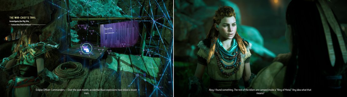 Search the cultist camp to find a Focus File (left) after which you&rsquo;ll meet with Sona and determine the next plan of attack (right).