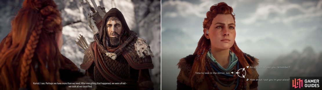 Aloy and the leader of the outcasts will come to terms without trouble (left) after which you&rsquo;ll get a chance to make a trialogue response to a vitriolic Jun (right).