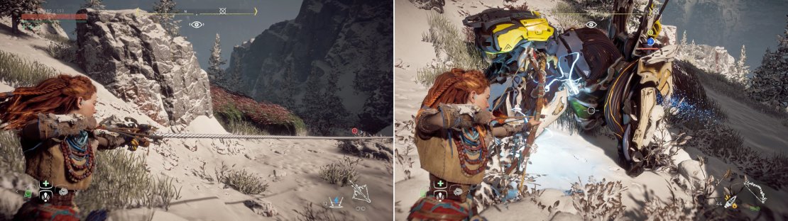 Use your trusty Tripcaster (left) to set up traps for the Sawtooth, and target its Blaze Canister when you&rsquo;ve got a clear shot (right).