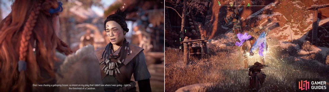 Talk to Dral to learn the location of Cauldron SIGMA (left), and while you&rsquo;re in Mother&rsquo;s Crown, smash some Training Dummies (right).