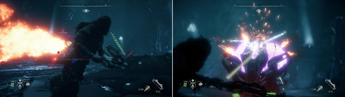 Dodge the Fire Bellowback&rsquo;s attacks (left) and target its Cargo Sac (right) and Gullet, which will explode when destroyed.