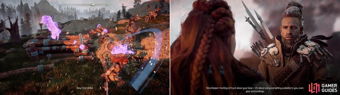You&rsquo;ll find more Training Dummies to smash near the Nora Hunting Grounds (left). Talk to the Nora Keeper to learn about the individual trials (right).