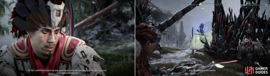 Find Nil near the Devil&rsquo;s Thirst Bandit Camp and he&rsquo;ll ask to tag along on your imminent murder spree (left). Start things out by targeting the alarm near the north gate (right).