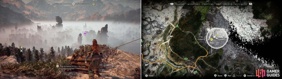 Climb a mountain along the northeastern reach of Devil&rsquo;s Thirst to find the Banuk Artifact - My Claim (left) which be found at the location indicated on the map (right).