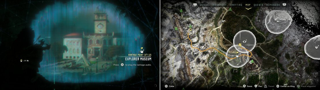 Scan the Vantage - Explorer Museum (left) near the Devil&rsquo;s Thirst Bandit camp, at the location indicated on the map (right).