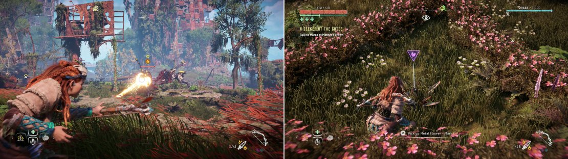 Against a pair of Corrupted Sawtooths, you&rsquo;ll have to rely on their vulnerability to fire damage (left) or just ignore them entirely and sneakily grab Metal Flower - Mark I (G) right out from under their robo-noses (right).