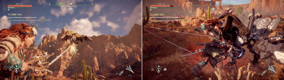 Pop a Glinthawk with a few Ropecaster lines (left) then try to score a Critical Strike or two on it while it&rsquo;s grounded (right).