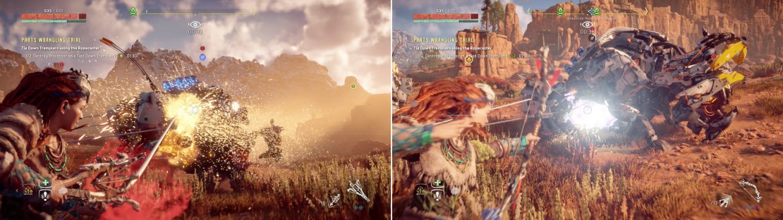 Tramplers will take more Ropecaster shots (left), but once they&rsquo;re tied down, their Processor is easily destroyed (right).