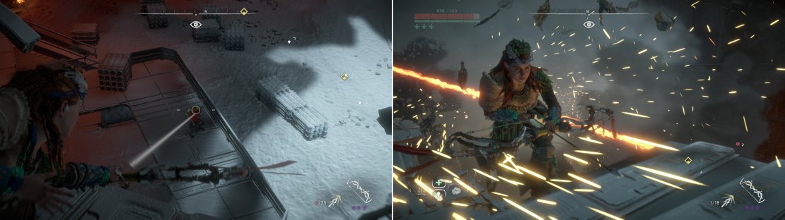 Snipe the Cultists around the Deathbringer (left) but don&rsquo;t draw its attention before you rappel down, as the massive machine will destroy the walkway you&rsquo;re on (right).
