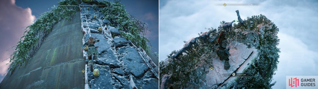 Pass through Faro&rsquo;s office and climb a series of walls (left) to reach the top of the building, where a Power Cell can be found (right).