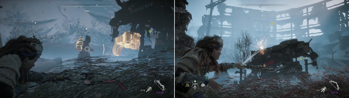 You&rsquo;d be wise to pick off the mobile Cultists near the Deathbringer (left), which itself is immobile and can be easily dismantled with hit-and-hide attacks (right).