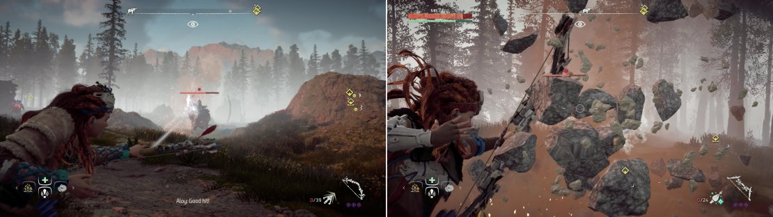 The Force Loaders on either side of the Behemoth&rsquo;s face make excellent targets that deal respectible damage (left), but be wary, as the Behemoth is capable of responding with ranged attacks of its own (right).