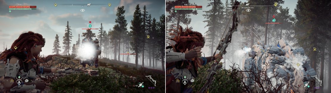 Freeze Arrows aren&rsquo;t as effective against the Behemoth as they are against other big machines (left), but the damage boost is still welcome, especially if a Freeze Canister is struck (right).