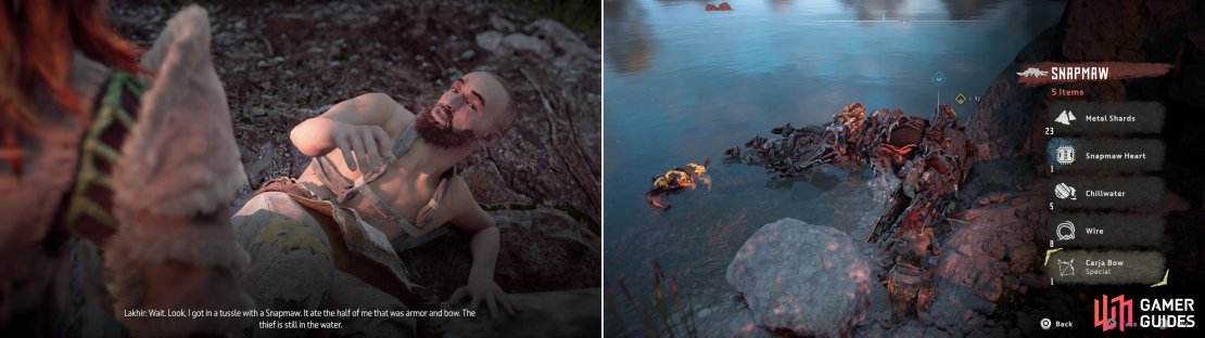 Talk to Lakhir and he&rsquo;ll demand you recover his bow (left), which can be found on one of the Snapmaw&rsquo;s you encountered earlier (right).
