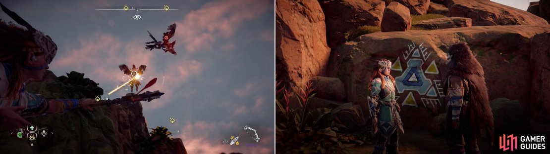 Kill the Glinthawks flying around Sun&rsquo;s Climb (left) so the Banuk shaman can make his painting - and his peace (right).
