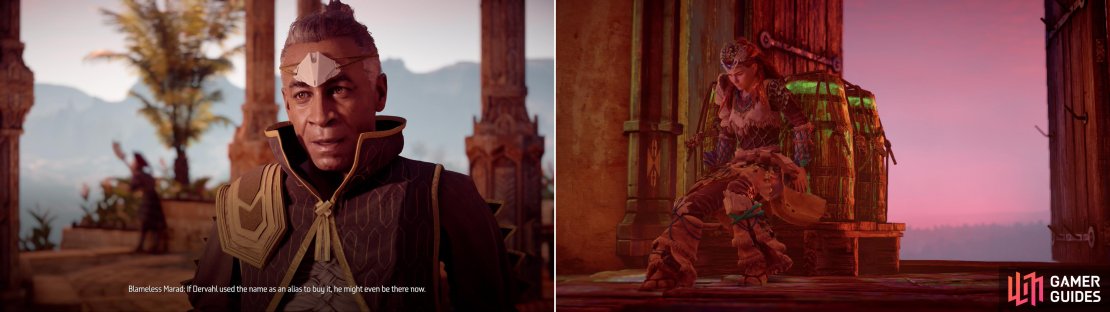 Blameless Marad will give you a lead (left) allowing you to thwart Dervahl&rsquo;s destructive ambitions (right).