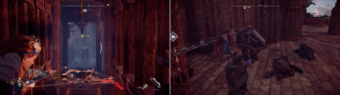 Kill the Oseram mercenaries (left) then disable Dervahl&rsquo;s sonic device (right).