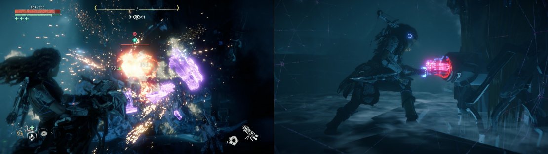 Once frozen, grab the detached Disc Launcher and give the Thunderjaw a taste of its own medicine (left) then hack Cauldron Zeta&rsquo;s core (right).