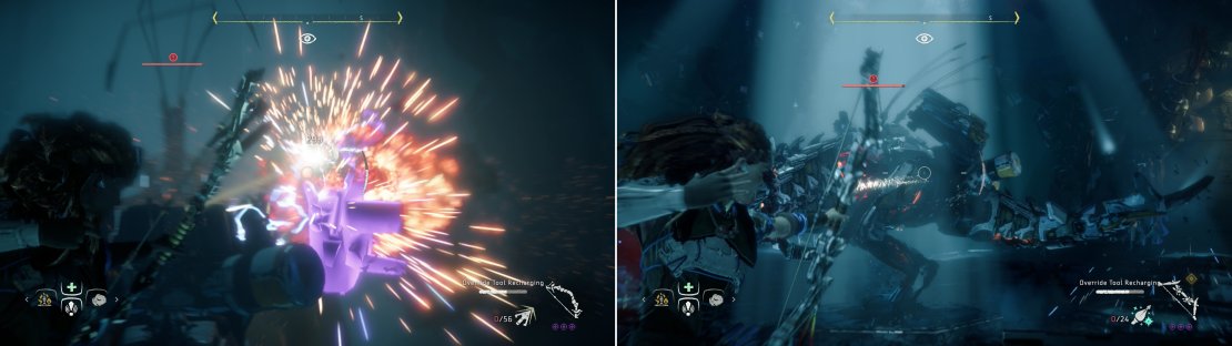 Shoot off the Thunderjaw&rsquo;s Disc Launcher (left), then pelt it with Freeze Arrows until it&rsquo;s frozen (right).