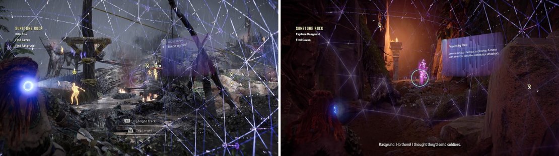If you haven&rsquo;t cleared the bandit camp, you will be facing a lot of enemies while going after Ullia (left). Watch out for the traps when going after Rasgrund (right).