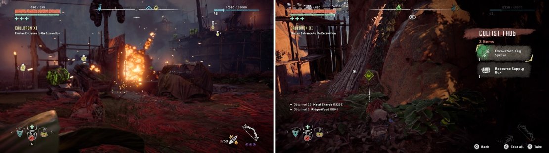 Use the blaze containers outside to thin the cultists&rsquo; numbers (left). You need a key from one of their corpses to enter the Cauldron (right).