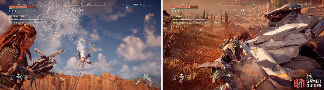 Glinthawks are annoyingly difficult to hit with the Ropecaster when flying (left). You&rsquo;ll have to wait a few seconds before you can use a Critical Hit on them (right).
