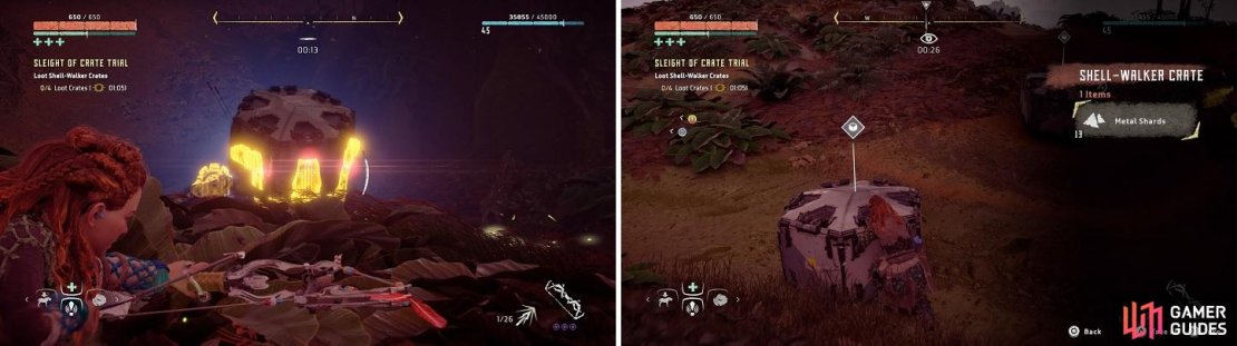 Go for the crates on the Shell-Walkers&rsquo; backs (left) before looting the ones that are already on the ground (right).