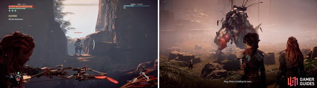 Help Talanah by killing her attackers (left). Not long after that, it&rsquo;s a battle against the legendary machine itself (right).