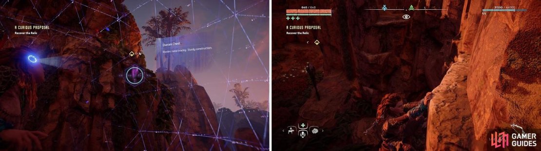 The chest you need is up on a ledge (left), meaning you&rsquo;ll have to climb to reach it (right).